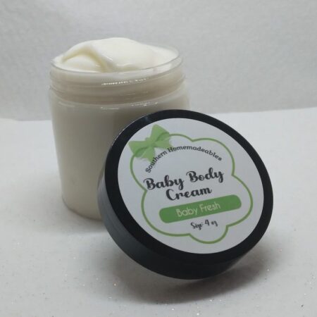 Pure Comfort Baby Cream by Southern Homemadeables, all-natural and non-toxic baby lotion with sweet almond oil, shea butter, and cocoa butter, for soft, nourished baby skin.