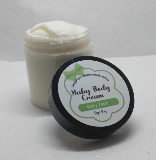 Pure Comfort Baby Cream by Southern Homemadeables all natural and non toxic baby lotion with sweet almond oil shea butter and cocoa butter for soft nourished baby skin