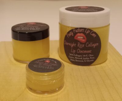 Southern Rose Lip Revival all-natural lip ointment for dry, cracked lips, made with collagen, beeswax, and rose geranium oils.