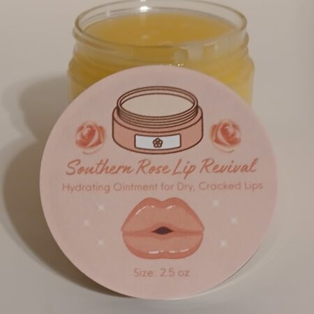 Southern Rose Lip Revival all-natural lip ointment for dry, cracked lips, made with collagen, beeswax, and rose geranium oils.