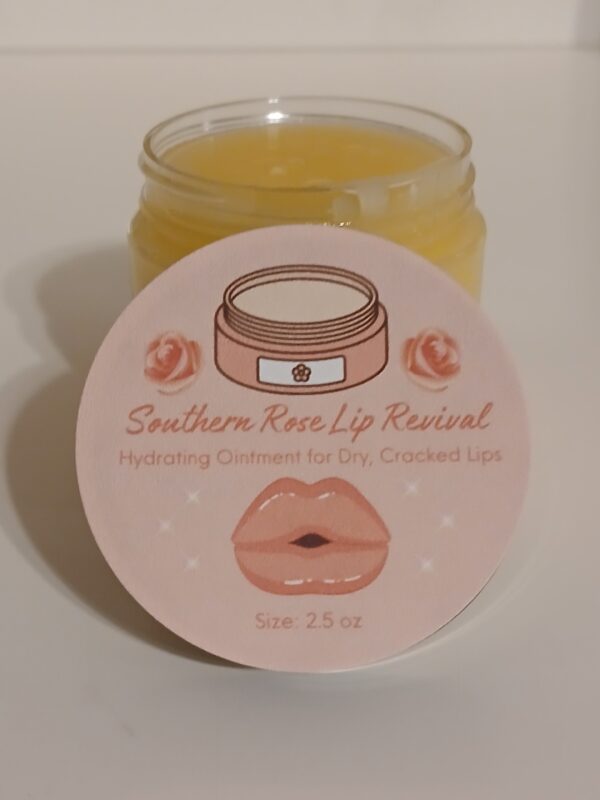 Southern Rose Lip Revival all-natural lip ointment for dry, cracked lips, made with collagen, beeswax, and rose geranium oils.