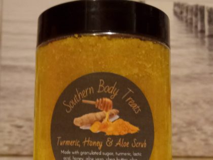 turmeric scrub, handmade turmeric scrub, turmeric body scrub, exfoliating scrub, brightening scrub, aloe scrub, honey scrub, lactic acid scrub, natural body scrub, scrub for all skin types, organic turmeric skincare, turmeric exfoliator, Southern Homemadeables scrub, brightening body scrub, exfoliating skincare