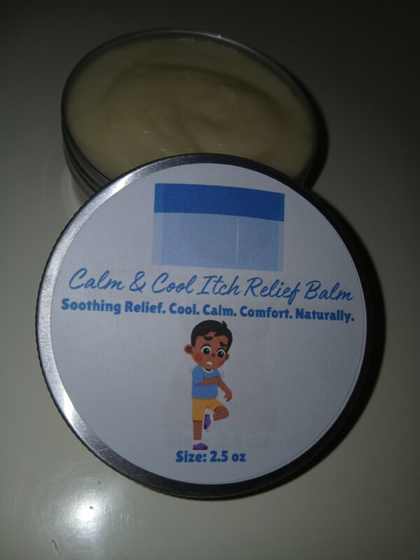 Calm & Cool Itch Relief Balm in a jar, all-natural anti-itch salve with oatmeal, chamomile, and peppermint for soothing relief.