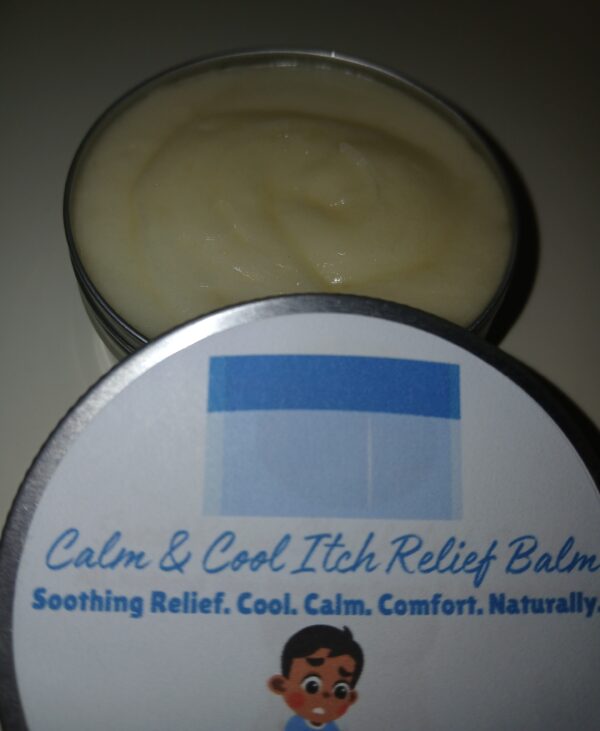 Calm & Cool Itch Relief Balm in a jar, all-natural anti-itch salve with oatmeal, chamomile, and peppermint for soothing relief.