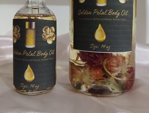 Golden Petal Body Oil by Luxe Radiant Roots Skincare – A luxurious, flower-infused moisturizing bath and body oil for soft, hydrated skin.