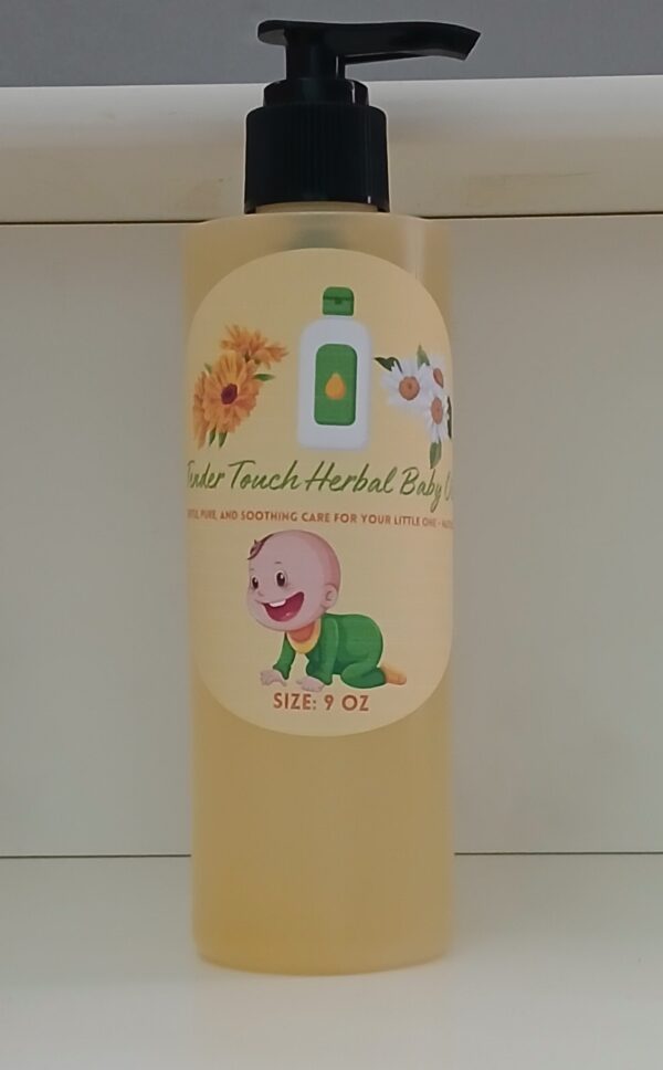 Tender Touch Herbal Baby Oil – A natural, preservative-free baby oil with chamomile and calendula for soothing delicate skin.