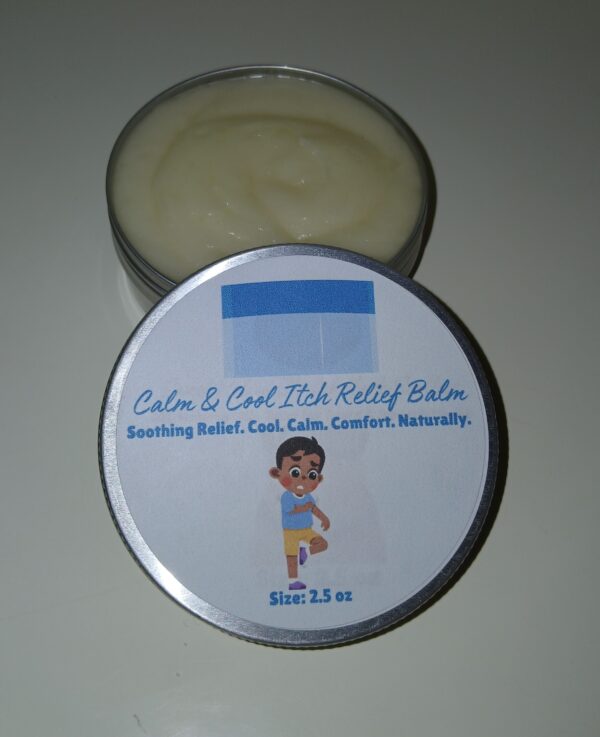 Calm & Cool Itch Relief Balm in a jar, all-natural anti-itch salve with oatmeal, chamomile, and peppermint for soothing relief.