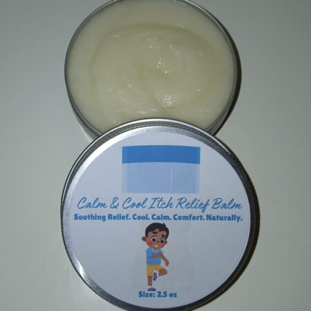 Calm & Cool Itch Relief Balm in a jar, all-natural anti-itch salve with oatmeal, chamomile, and peppermint for soothing relief.