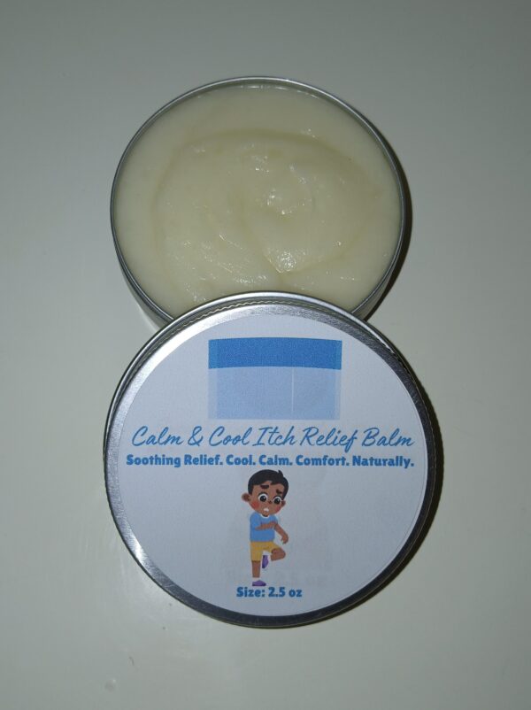 Calm & Cool Itch Relief Balm in a jar, all-natural anti-itch salve with oatmeal, chamomile, and peppermint for soothing relief.