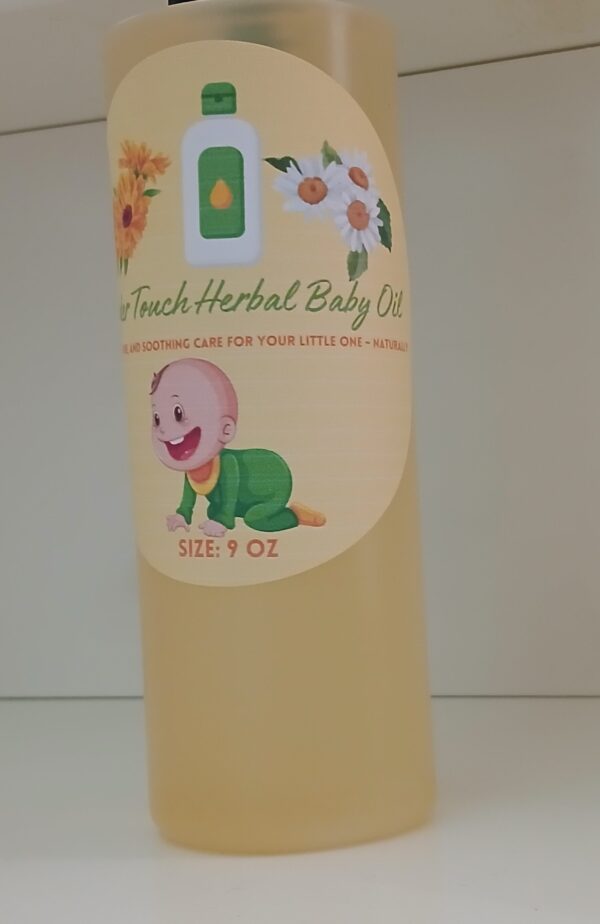 Tender Touch Herbal Baby Oil – A natural, preservative-free baby oil with chamomile and calendula for soothing delicate skin.