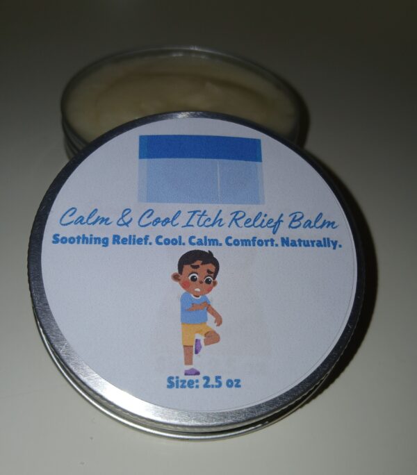 Calm & Cool Itch Relief Balm in a jar, all-natural anti-itch salve with oatmeal, chamomile, and peppermint for soothing relief.