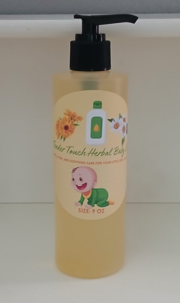 Tender Touch Herbal Baby Oil – A natural, preservative-free baby oil with chamomile and calendula for soothing delicate skin.