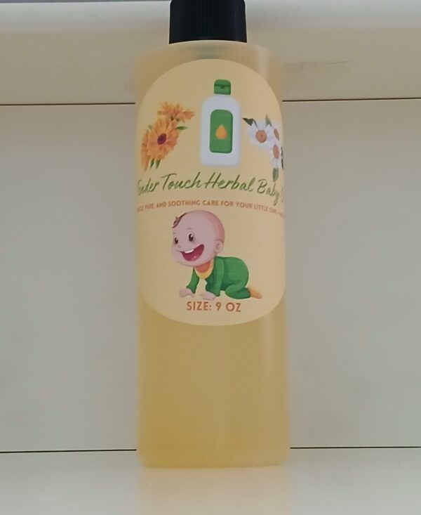 Tender Touch Herbal Baby Oil – A natural, preservative-free baby oil with chamomile and calendula for soothing delicate skin.