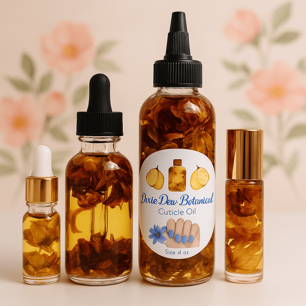 Botanical Bloom Cuticle Oil in glass bottles with dried flowers and nourishing oils for healthy nails and hydrated cuticles