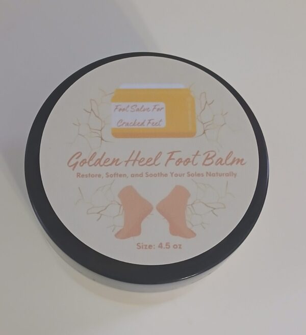 Golden Heel Foot Balm in a rustic jar surrounded by natural ingredients like kokum butter, cocoa butter, and essential oils.