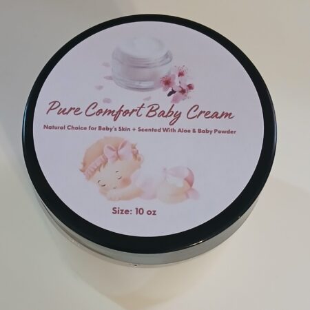 Pure Comfort Baby Cream by Southern Homemadeables, all-natural and non-toxic baby lotion with sweet almond oil, shea butter, and cocoa butter, for soft, nourished baby skin.