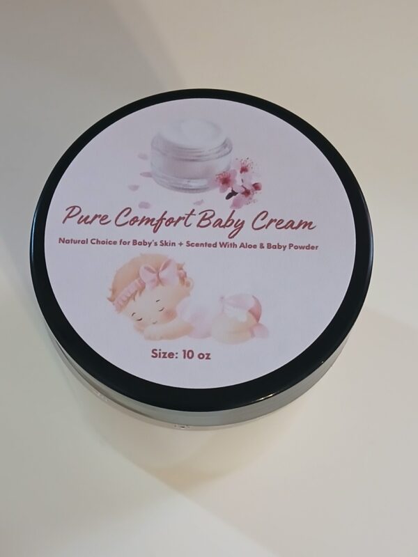 Pure Comfort Baby Cream by Southern Homemadeables, all-natural and non-toxic baby lotion with sweet almond oil, shea butter, and cocoa butter, for soft, nourished baby skin.