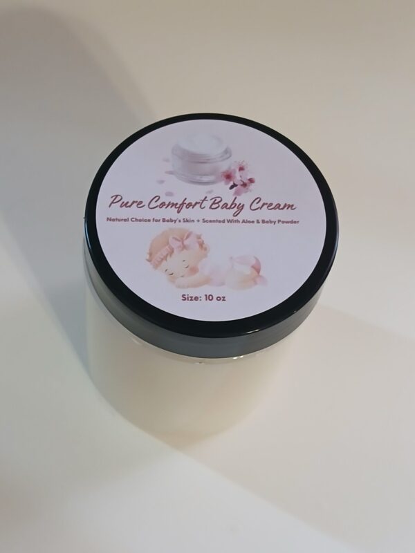 Pure Comfort Baby Cream by Southern Homemadeables, all-natural and non-toxic baby lotion with sweet almond oil, shea butter, and cocoa butter, for soft, nourished baby skin.