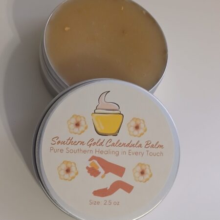 Southern Gold Calendula Balm in a jar with natural herbal ingredients, lavender, chamomile, and calendula flowers for skin healing and hydration.