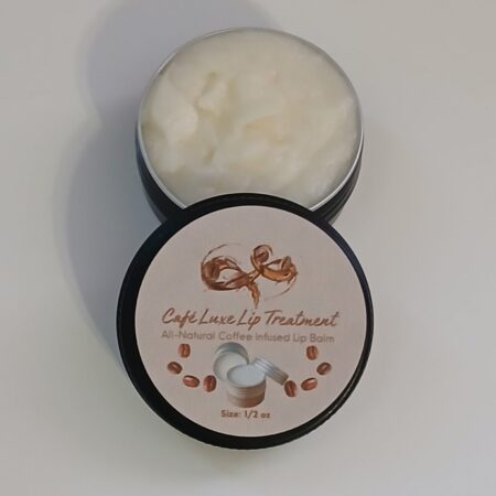 Café Luxe Lip Treatment all-natural coffee infused lip balm with mango butter and roasted coffee bean oil for hydrated, soft lips.