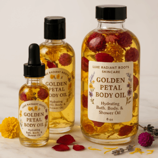 golden petal body oil and moisturizing bath and shower oil by luxe radiant roots skincare