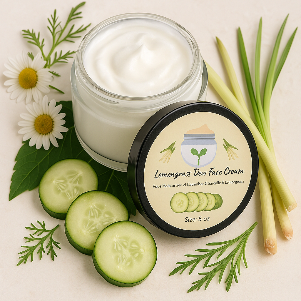 lemongrass dew face cream and cucumber facial moisturizer by luxe radiant roots skincare