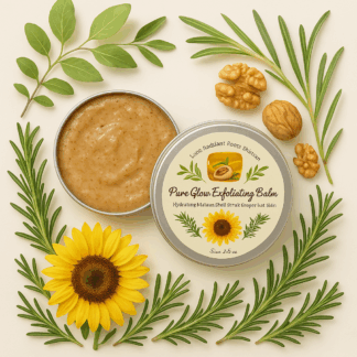 pure glow exfoliating balm and face scrub cleanser with walnut shell powder by luxe radiant roots skincare
