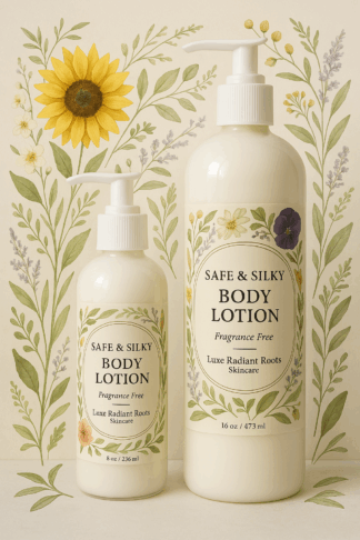 safe silky body lotion and nut free moisturizer for people with nut and seed allergies by luxe radiant roots skincare