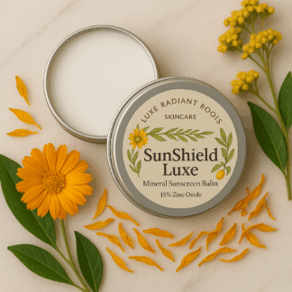 sunshield luxe mineral sunscreen balm with helichrysum and calendula by luxe radiant roots skincare