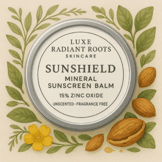 sunshield mineral sunscreen balm unscented and fragrance free for sensitive skin by luxe radiant roots skincare