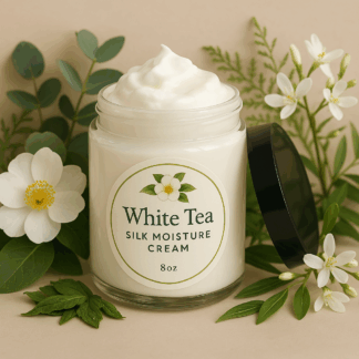 white tea silk moisture cream and luxury body moisturizer by luxe radiant roots skincare