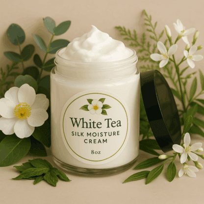 white tea silk moisture cream and luxury body moisturizer by luxe radiant roots skincare