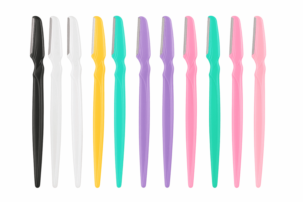 Collection of BrowTidy eyebrow trimmers in black, white, yellow, purple, green, and pink colors arranged in a row.