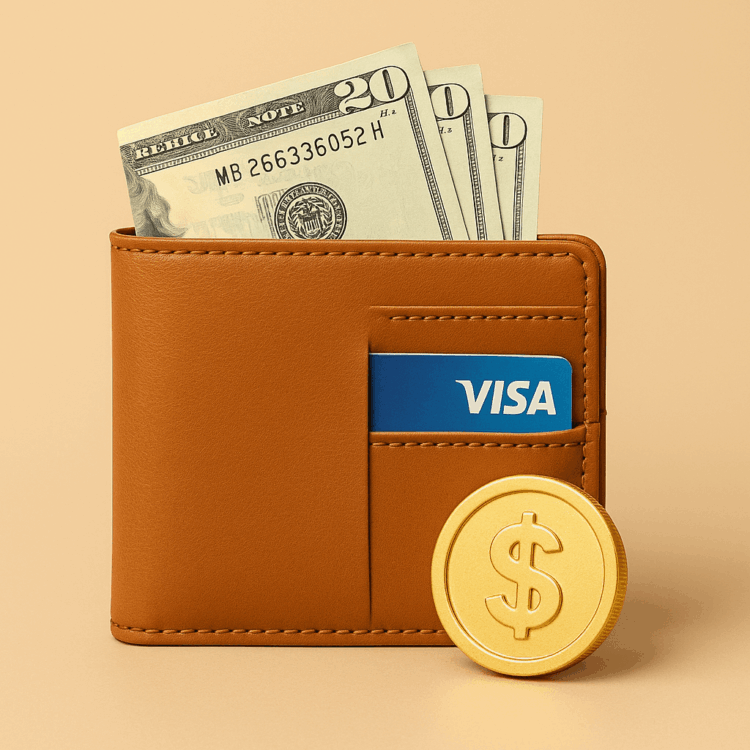 Brown wallet with a twenty-dollar bill and a Visa credit card partially visible.