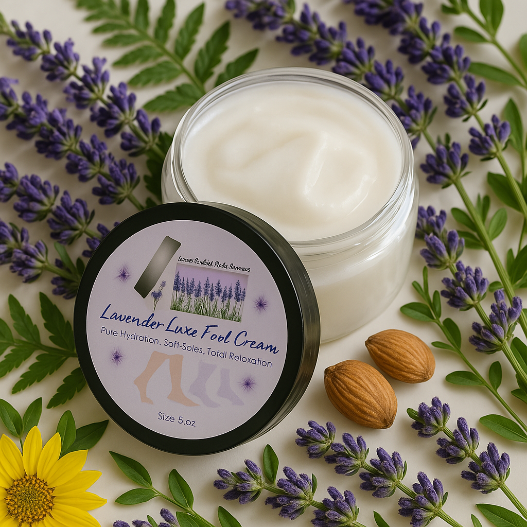 Jar of Lavender Luxe Foot Cream with a lid, surrounded by lavender and almonds.